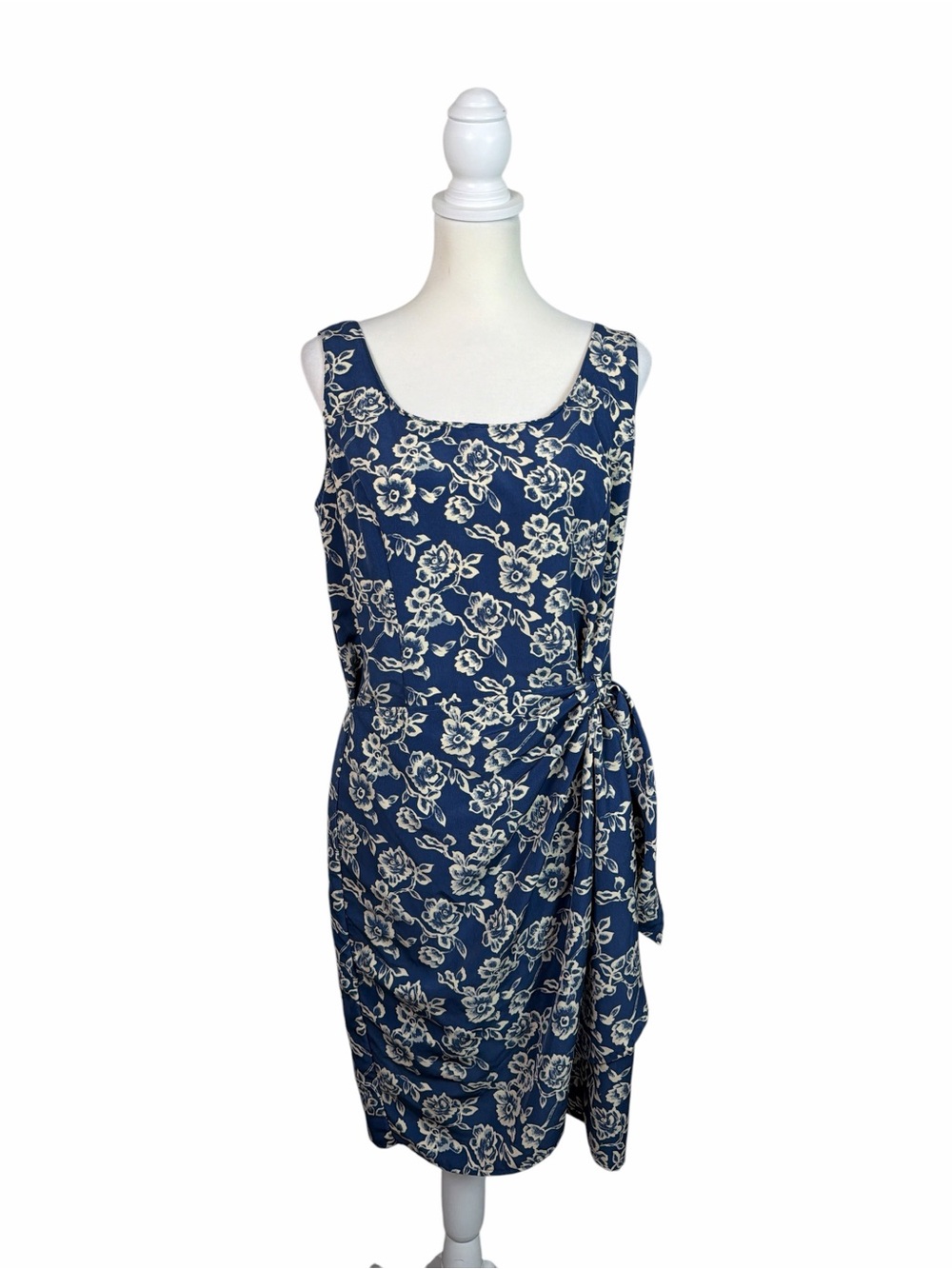 Basic Editions Navy Blue Floral Faux Wrap Midi Dress Size 12 Sleeveless Cottage